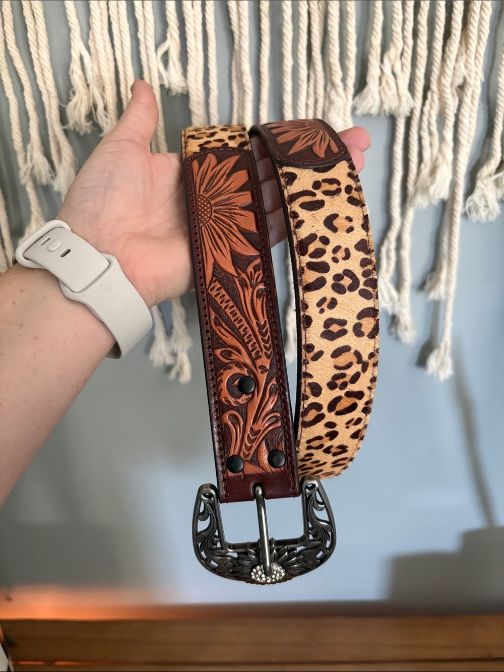 Tooled Leather Floral Buckle Belt with Leopard Print - Brown/Tan - Picture 4 of 6